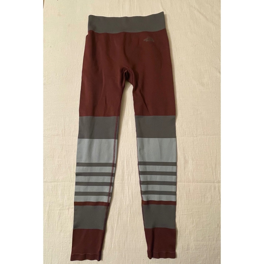 The North Face Womens Small Burgundy Gray Striped‎ Seamless Leggings Activewear